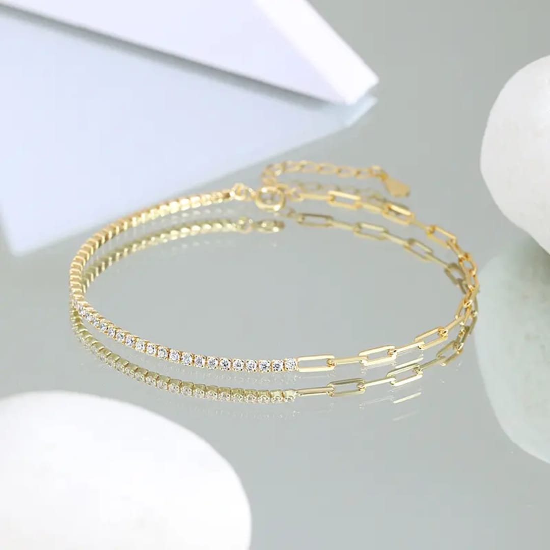Thin Link Chain and Diamond Bracelet