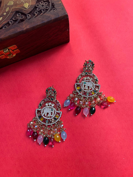 Elephant Zircon Multi Colour Droplets Traditional Earrings